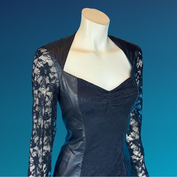 Vampy LEATHER & LACE Black OPeN Back Mini Dress / 80s 90s Goth / S - Picture 2 of 10